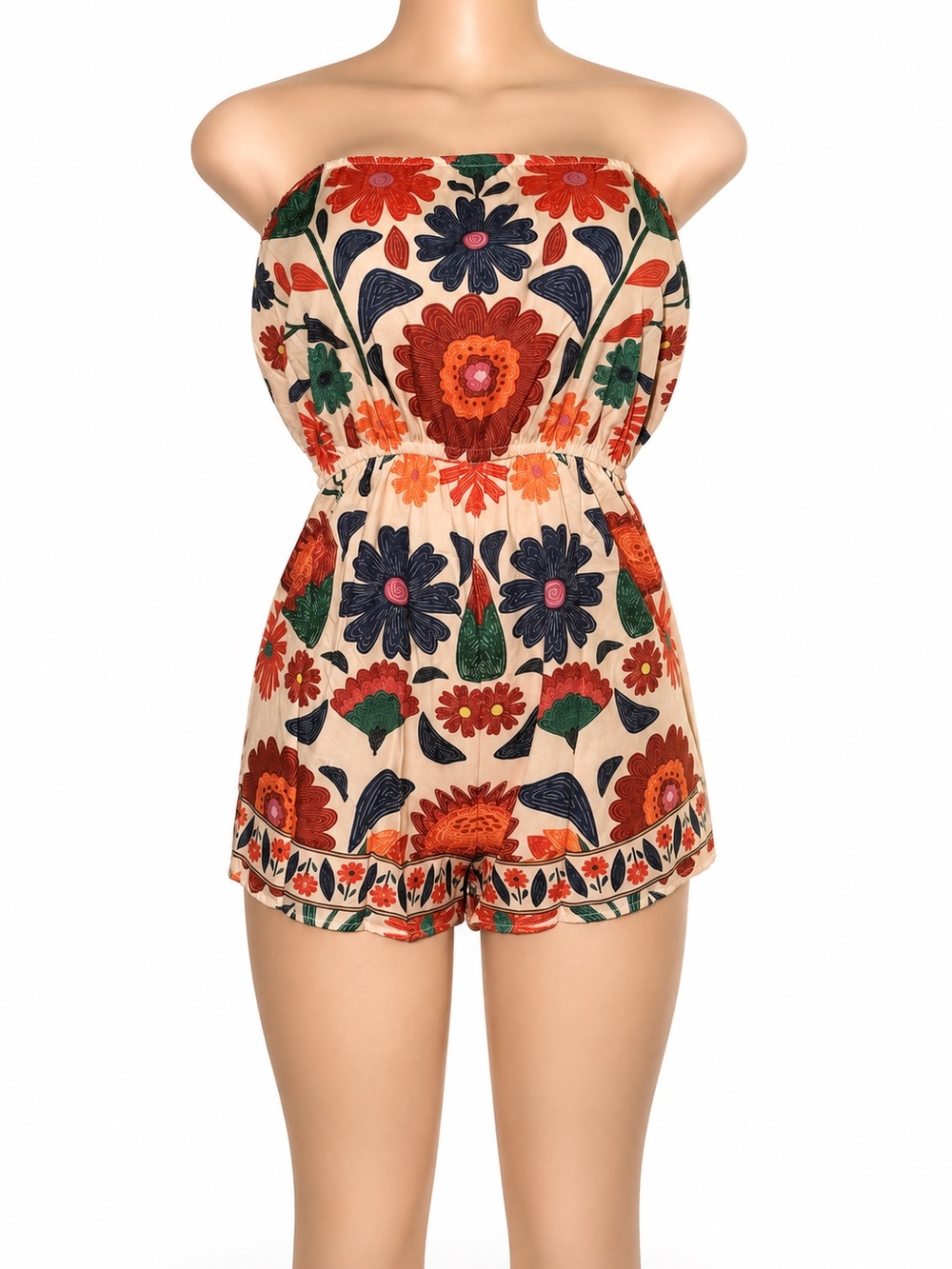 SHEIN Floral Strapless Cream Romper with Red, Navy & Green Accents